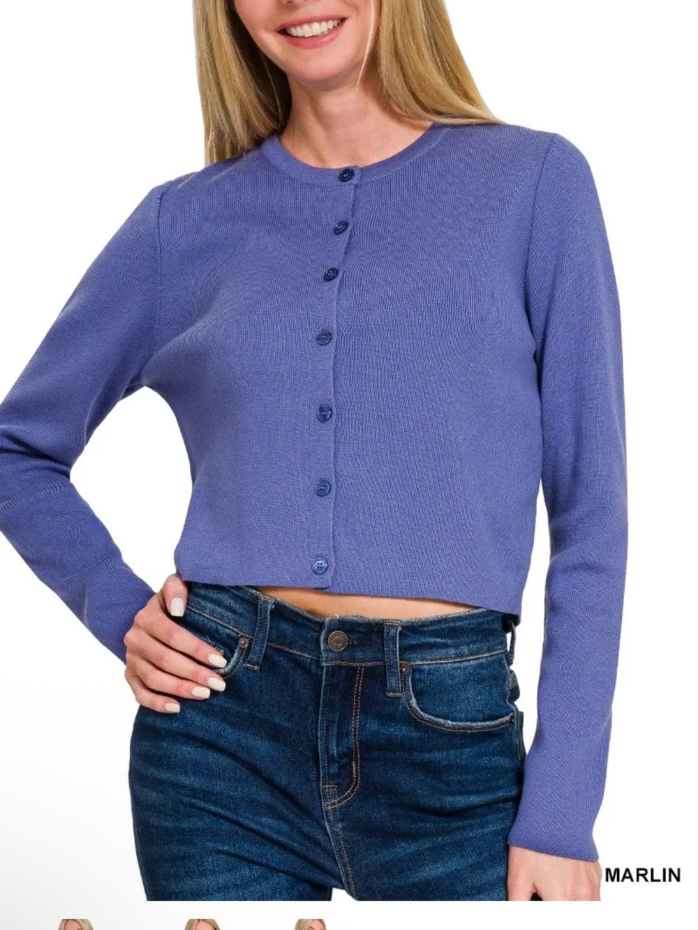 Zenana Outfitters Marlin Cropped Button Cardigan in Periwinkle